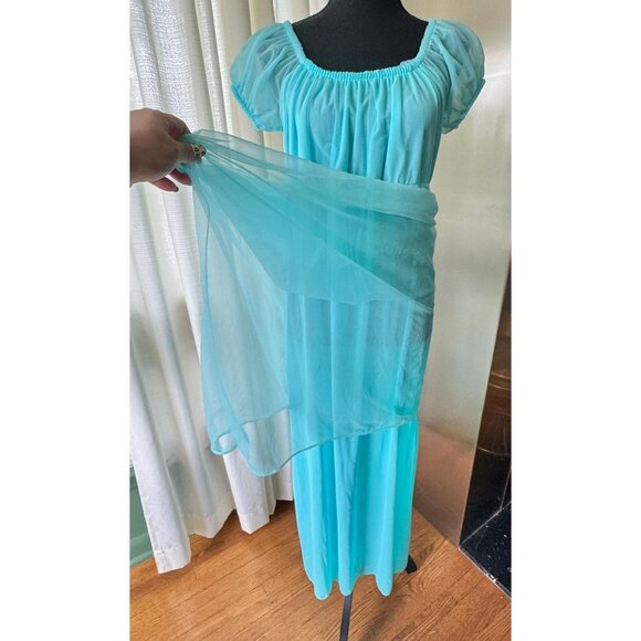 Vintage 70s negligee, teal blue, empire waist, puff sleeves nightgown - Picture 8 of 8